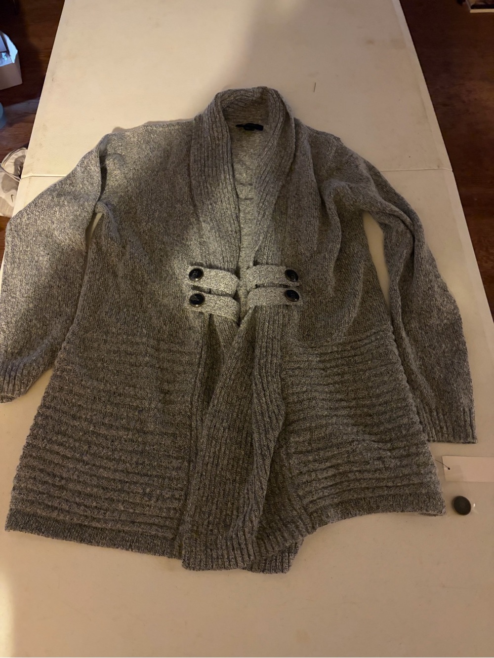 AB Studio Gray Shawl-Collar Button Accent Knit Cardigan